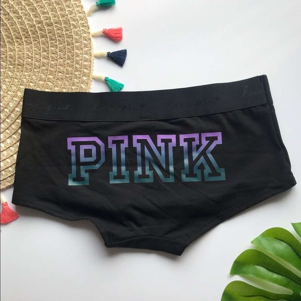 Victoria’s Secret PINK Logo Boyshort Pure Black with Graphic Small NEW